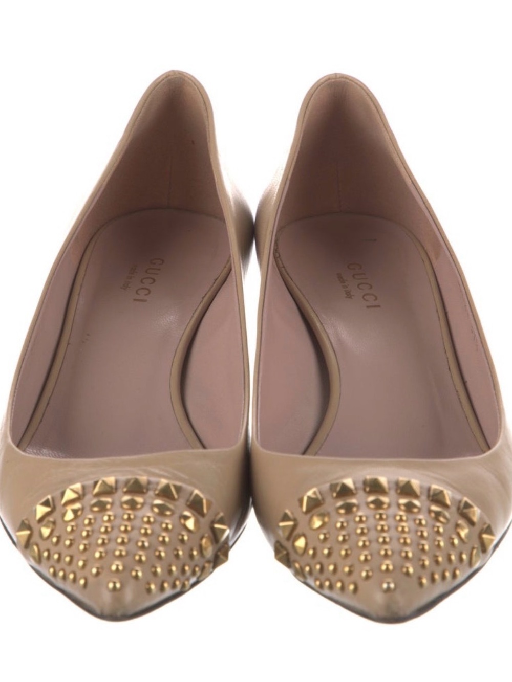 Gucci Beige Pointed-Toe Studded Leather Flats